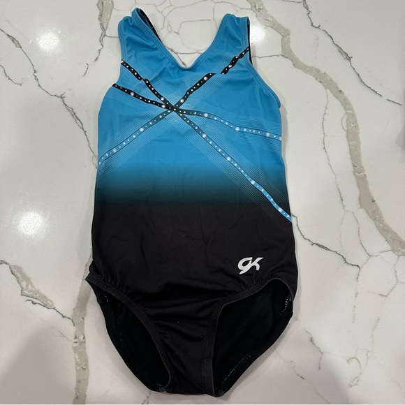 GK Elite Other - GK Elite Gymnastics Leotard Child Medium CM Blue Black Ombre Rhinestone Graphic